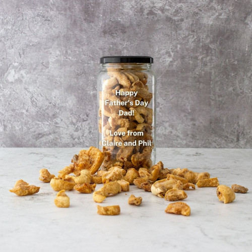 Garlic Pork Scratchings Personalised Gift Jar, Available Now at The Chuckling Cheese Company