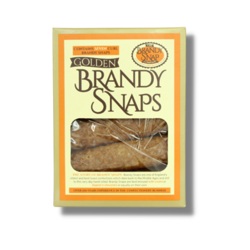 A box of Golden Brandy Snaos by The Brandy Snap Company on a white background.