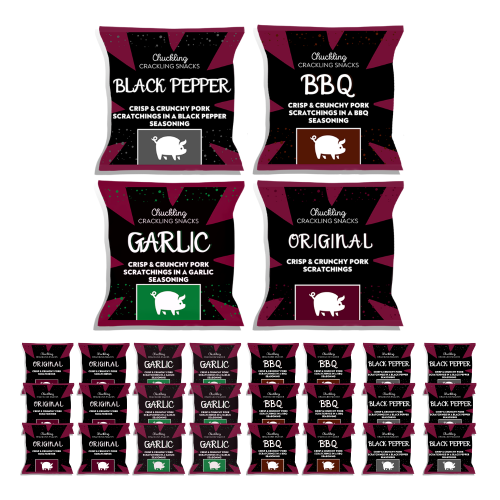 Mock up of a case of 24 packs of pork scratchings by The Chuckling Cheese Company with flavours including original, garlic, BBQ, and black pepper.