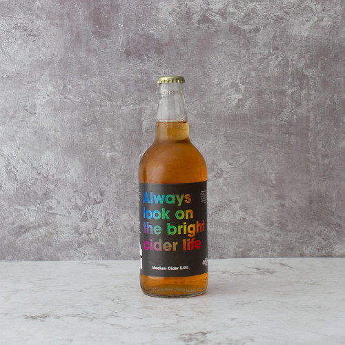 Grey background image of a bottle of Always Look On The Bright Cider Life Cider