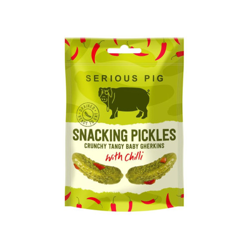 Chilli Snacking Pickles made from crunchy tangy gherkins and combined with chilli for a spicy kick, availale to purchase from the Chuckling Cheese Company