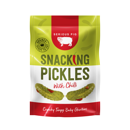 Chilli Snacking Pickles made from crunchy tangy gherkins and combined with chilli for a spicy kick, availale to purchase from the Chuckling Cheese Company