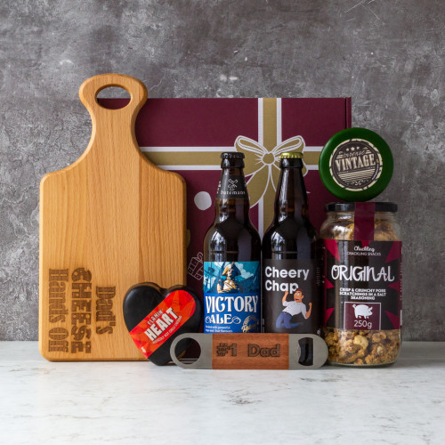 Dad's Luxury Gift Hamper, filled with a selection of cheese, snacks and beer, available to purchase from The Chuckling Cheese Company.