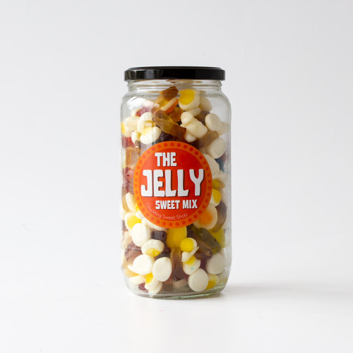 Jelly Sweet Mix Jar, filled with a variety of classic jelly sweets available to purchase from The Chuckling Cheese Company