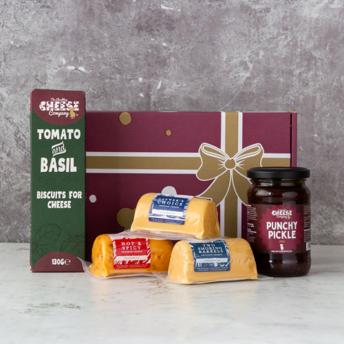 Cheese barrel build your own gift box featuring 3 cheddar barrels, a chutney and cheese biscuits, available to purchase from The Chuckling Cheese Company