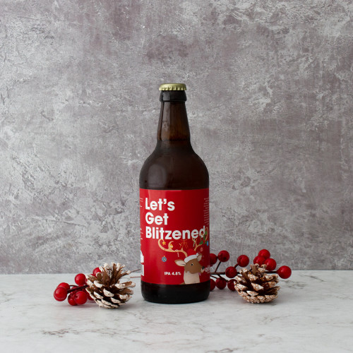 Grey background image of a single bottle of Let's Get Blitzened Comedy Beer