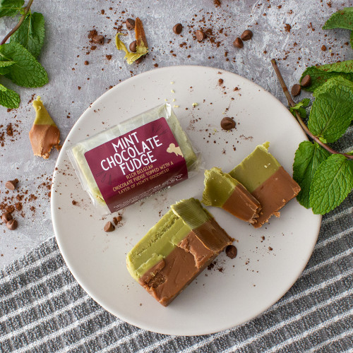 Lifestyle image of the Mint Chocolate Fudge Bar decorated with fresh mint and chocolate chips