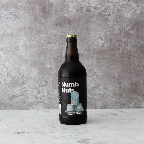 Grey background image product shot of the Numb Nuts Comedy Beer