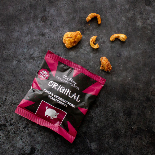 Original Flavoured Pork Scratchings Packet Opened, Available Now at The Chuckling Cheese Company