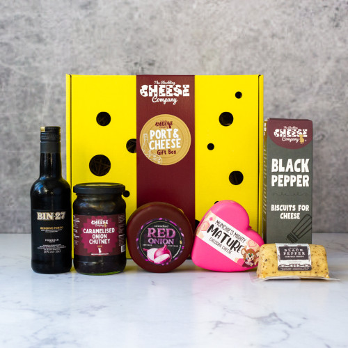 The Port and Cheese Gift Box filled with a asselection of cheese, snacks and a port, aviailabe to purchase from The Chuckling Cheese Comapny 