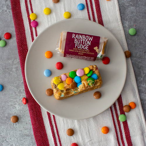 Rainbow Button Fudge Bar with rainbow chocolates