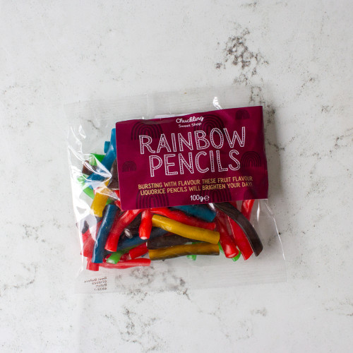 Rainbow pencil classic British sweets, bright and colourful, available to purchase from the Chuckling Cheese Company