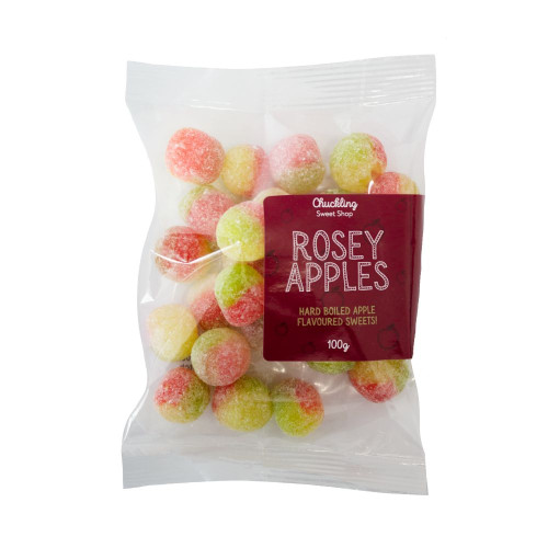 White background image of a pack of Rosey Apples Hard Boiled Sweets by The Chuckling Cheese Company