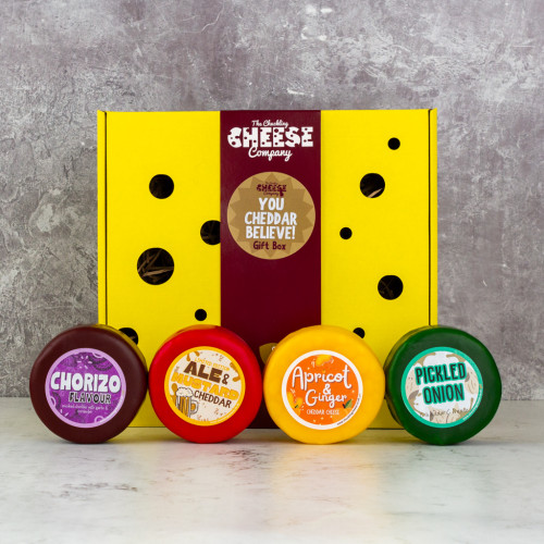 You Cheddar Believe it Gift Box, featuring our 4 newest cheeses, available to purchase from the Chuckling Cheese Company