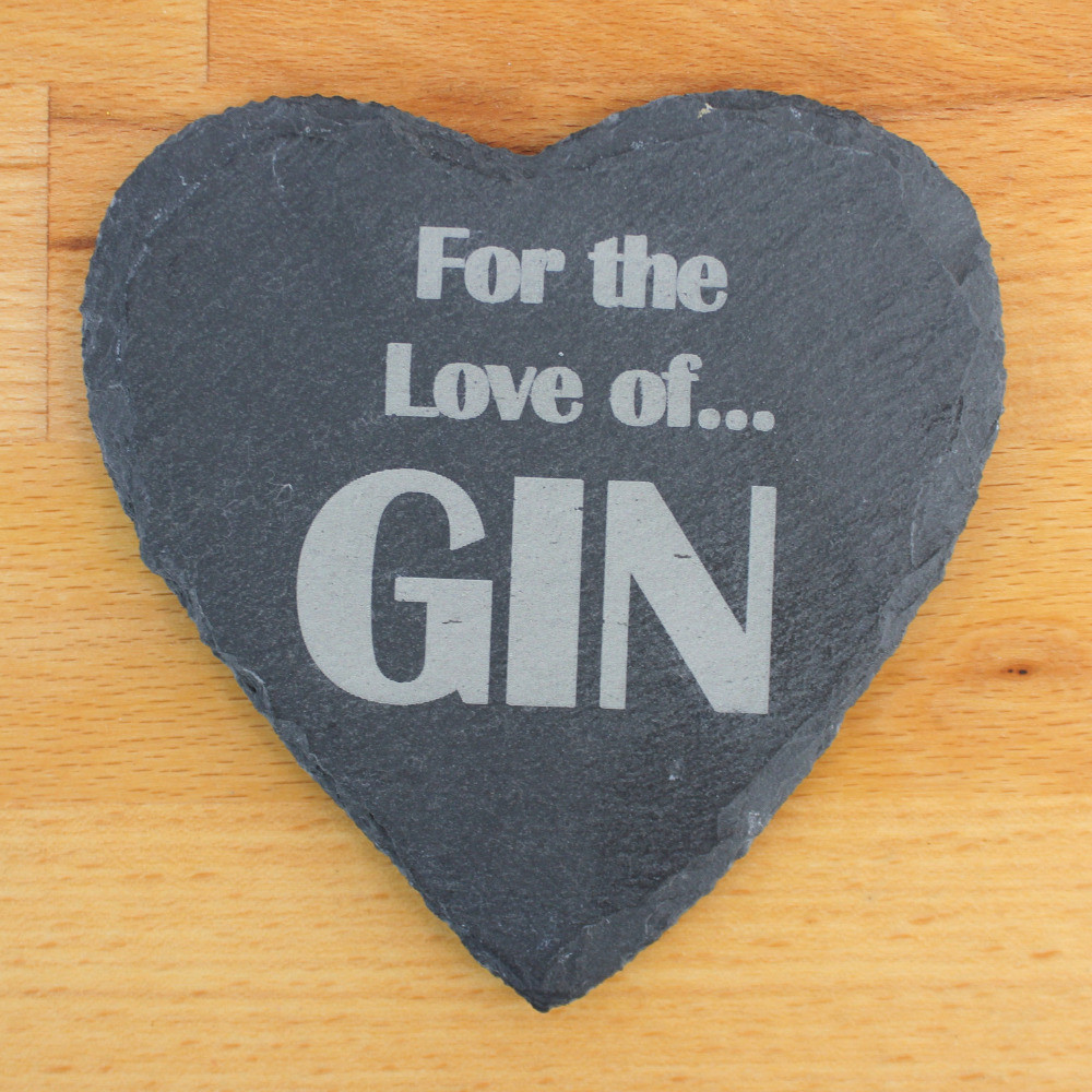 “For The Love of Gin” Engraved Heart-Shaped Slate Coaster